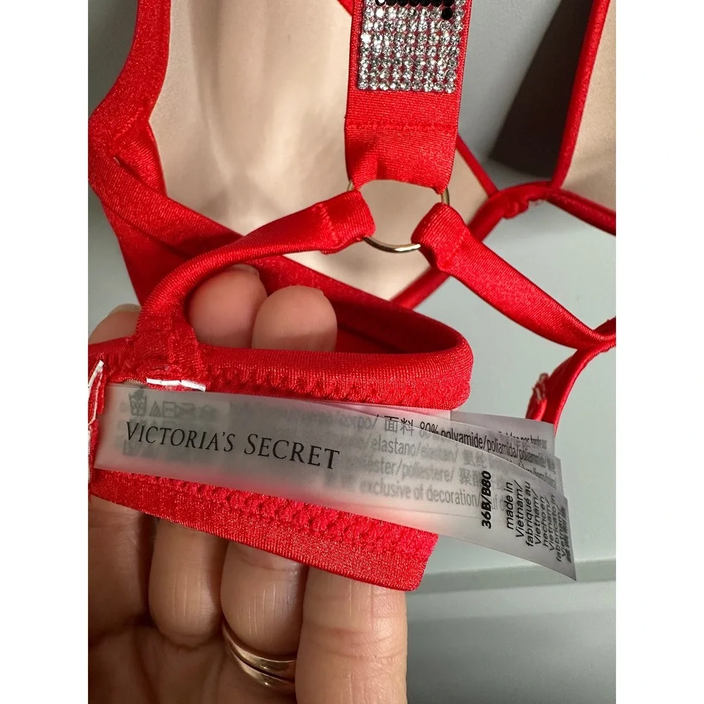 Victoria's Secret Red Rhinestone Strap Push Up‎ Bra Bikini Swim Top 36B